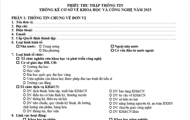 PHIẾU THU THẬP THÔNG TIN THỐNG KÊ CƠ SỞ VỀ KHOA HỌC VÀ CÔNG NGHỆ NĂM 2025